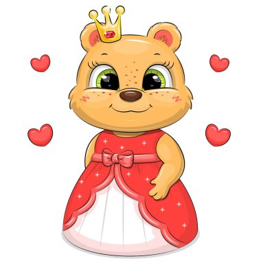 Kırmızı elbiseli ve tacı olan şirin çizgi film prensesi. Beyaz arka planda kalpleri olan bir hayvanın vektör çizimi.