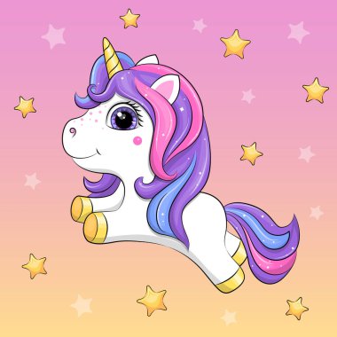 Gökyüzünde şirin bebek tek boynuzlu at. Pembe arka planda yıldızlı bir hayvanın vektör çizimi.