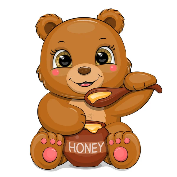 Cute Bear Eating Honey Vector Illustration Animal White Background — Stock Vector