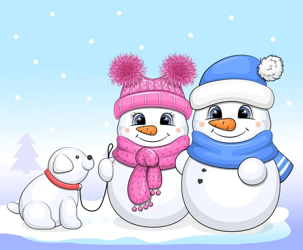 Leuke Sneeuwpoppen Met Sneeuwhond Winter Vector Illustratie Een Blauwe Achtergrond — Stockvector