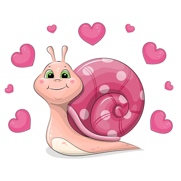 Escargot Rose Dessin Animé Mignon Avec Nombreux Cœurs Illustration Vectorielle — Image vectorielle