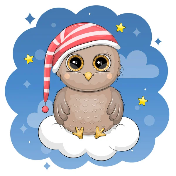 Gece içkisi içen sevimli bir baykuş bulutun üzerinde oturur. Yıldızlı mavi arkaplanda gece vektör çizimi.