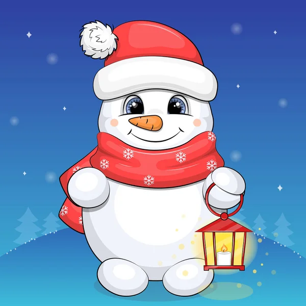 Cute Snowman Red Hat Scarf Holding Lantern Winter Vector Illustration — Stock Vector