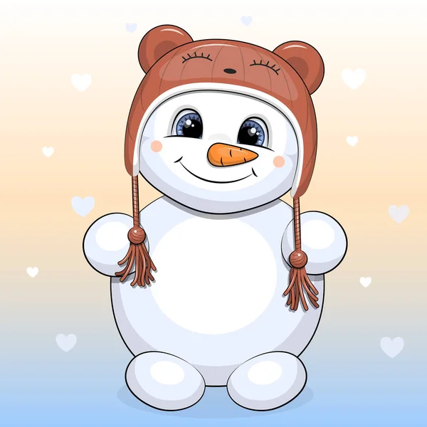 Cute Cartoon Snowman Wearing Brown Bear Hat Winter Vector Illustration — Stock vektor