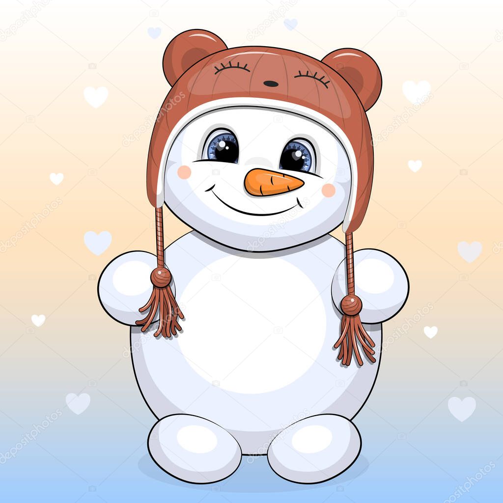 Cute cartoon snowman wearing a brown bear hat. Winter vector illustration on colorful background with hearts.