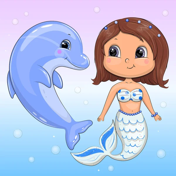 Cute Cartoon Mermaid Dolphin Vector Illustration Underwater World — 图库矢量图片