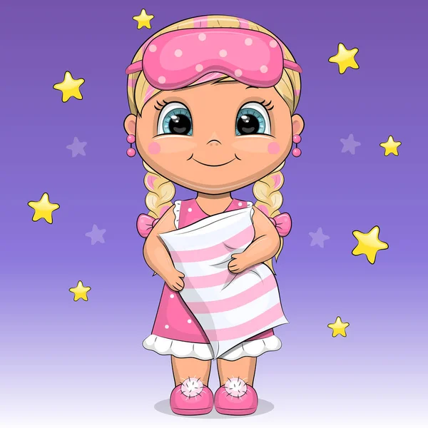 Gecelik ve gece maskesiyle güzel bir kız yastık tutuyor. Yıldızlı mavi arkaplanda vektör illüstrasyonu.