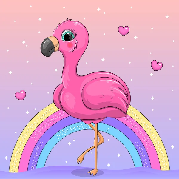 Gökkuşağı ve kalpleri olan sevimli pembe flamingo çizgi filmi. Bir kuşun vektör illüstrasyonu.
