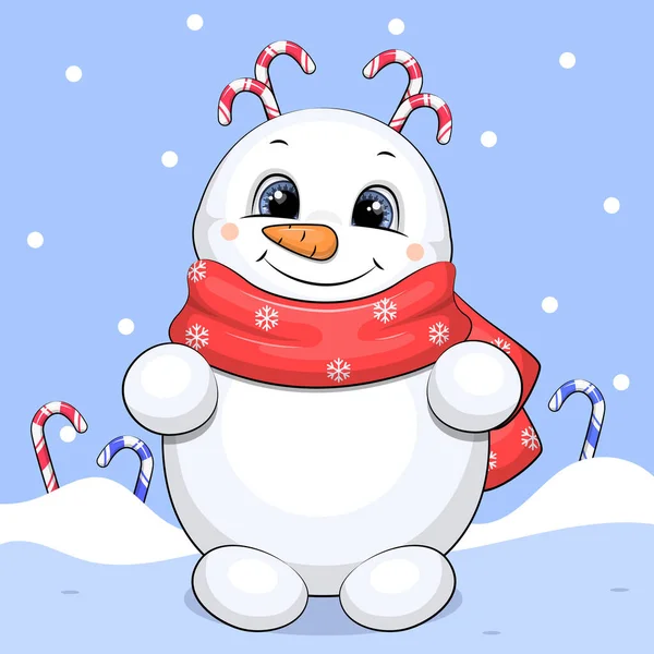 飴杖と赤いスカーフでかわいい漫画の雪だるま 雪と青の背景のベクトルイラスト — ストックベクタ