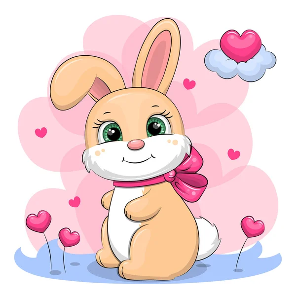 大きな弓でかわいい漫画のウサギ ピンクを基調としたハートの動物のベクトルイラスト — ストックベクタ