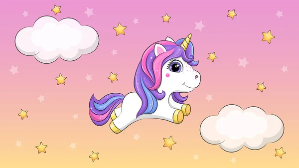 Cute Cartoon Baby Unicorn Sky Vector Illustration Animal Pink Background — Stock Vector