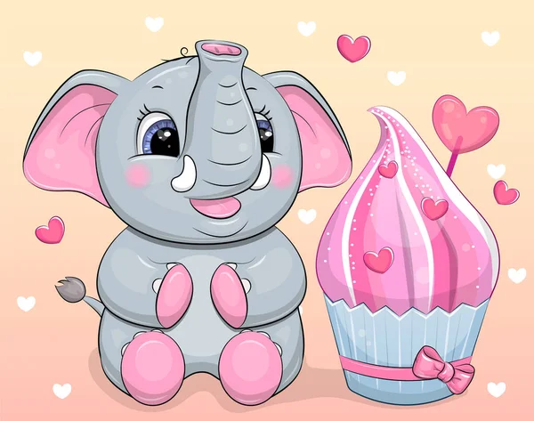 Lindo Elefante Dibujos Animados Con Cupcake Ilustración Vectorial Animal Sobre — Archivo Imágenes Vectoriales