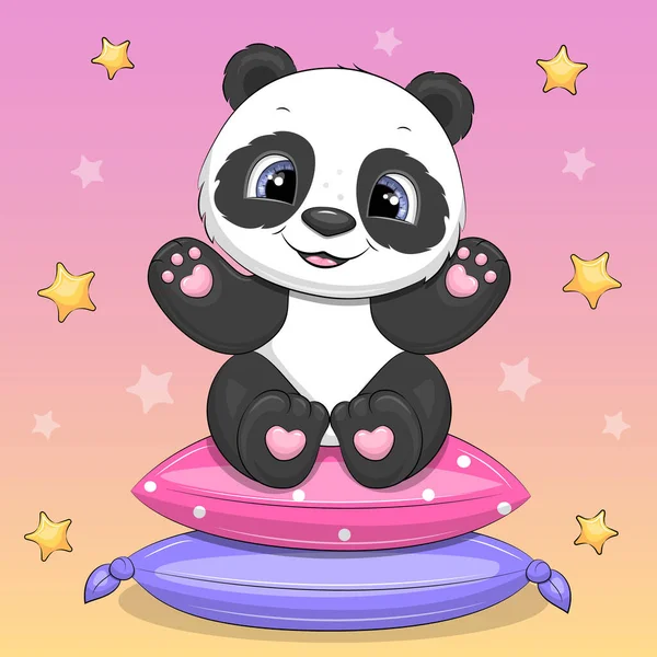 Roztomilá Kreslená Panda Sedí Polštářích Vektorová Ilustrace Růžovém Pozadí Hvězdami — Stockový vektor