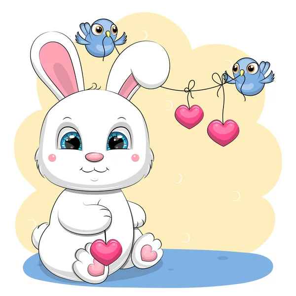 Cute Cartoon White Rabbit Hearts Birds Vector Illustration Sitting Animal — Vetor de Stock