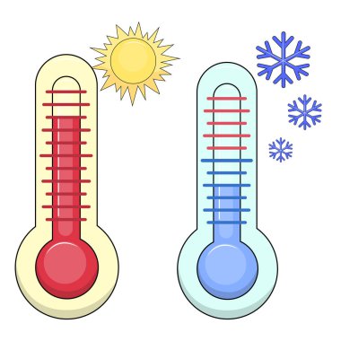 Sıcak ve soğuk hava için termometreler. Vektör illüstrasyonu beyaz arkaplanda izole edildi.