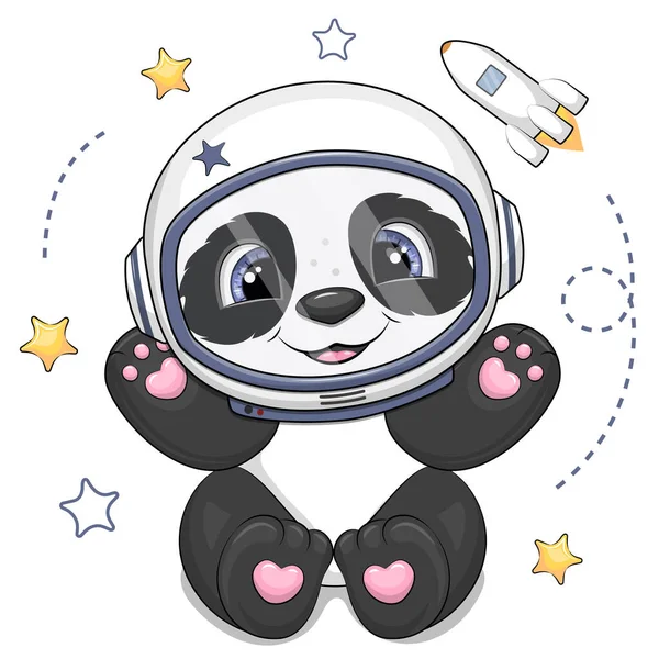 かわいい漫画のパンダ宇宙飛行士ヘルメットを着て 星やロケットで白地に隔離された宇宙ベクトル図 — ストックベクタ