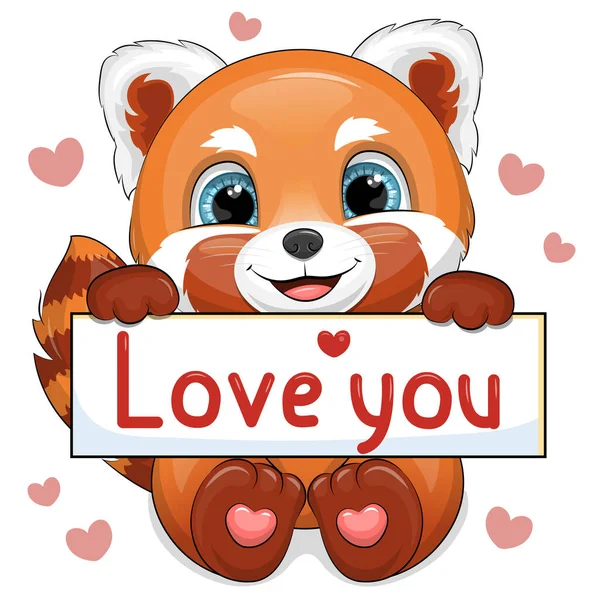 Cute Cartoon Red Panda Love You Banner Vector Illustration Animals —  Vetores de Stock