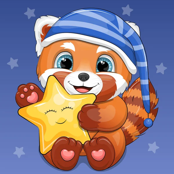 Ładna Kreskówkowa Czerwona Panda Nosząca Czapkę Nocną Trzyma Żółtą Gwiazdę — Wektor stockowy
