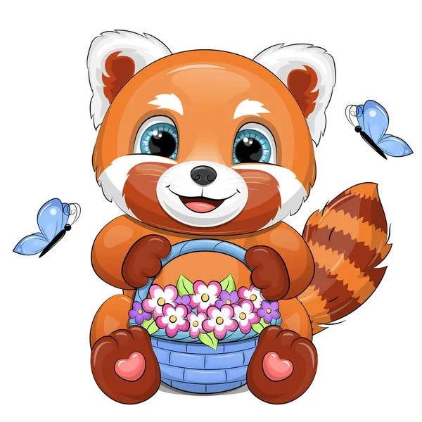 Cute Cartoon Red Panda Flower Basket Vector Illustration Animal Butterflies —  Vetores de Stock