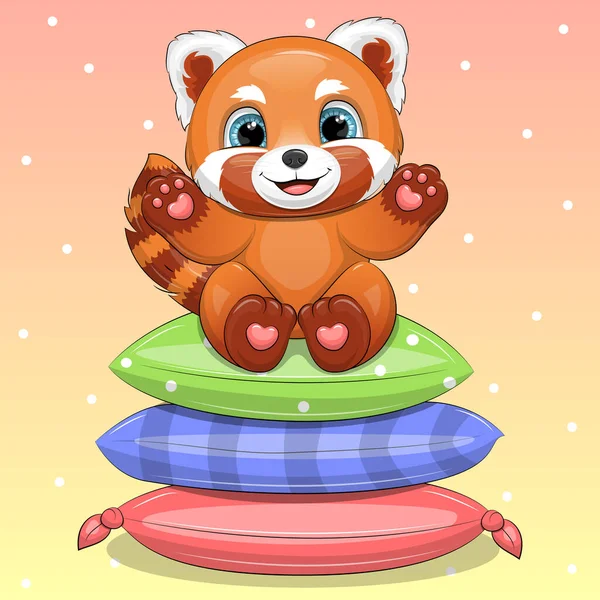 Cute Cartoon Red Panda Sits Pillows Vector Illustration Animal —  Vetores de Stock