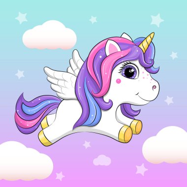 Tek boynuzlu at gökyüzünde uçuyor. Kanatlı bir hayvanın vektör çizimi.