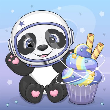 Galaksi keki olan sevimli panda astronotu. Mavi arka planda yıldızlı bir hayvanın vektör çizimi.