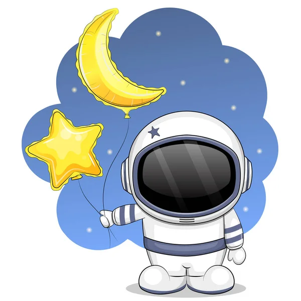 星や月の風船でかわいい宇宙飛行士 青い背景の夜のベクトル図 — ストックベクタ