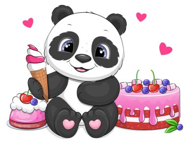 Dondurma ve kekle şirin bir panda. Beyaz arkaplanda hayvanlarla ve tatlılarla vektör illüstrasyonu.