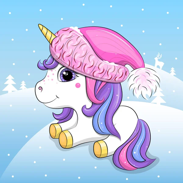 Cute Cartoon Unicorn Wearing Pink Hat Winter Vector Illustration Snow — стоковый вектор