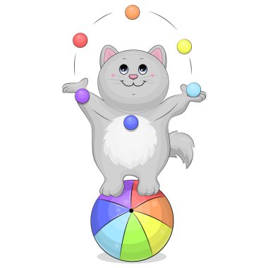 Tatlı çizgi film gri kedisi taşaklarıyla hokkabazlık yapıyor. Beyaz arkaplanda sirk hayvanları vektör illüstrasyonu.