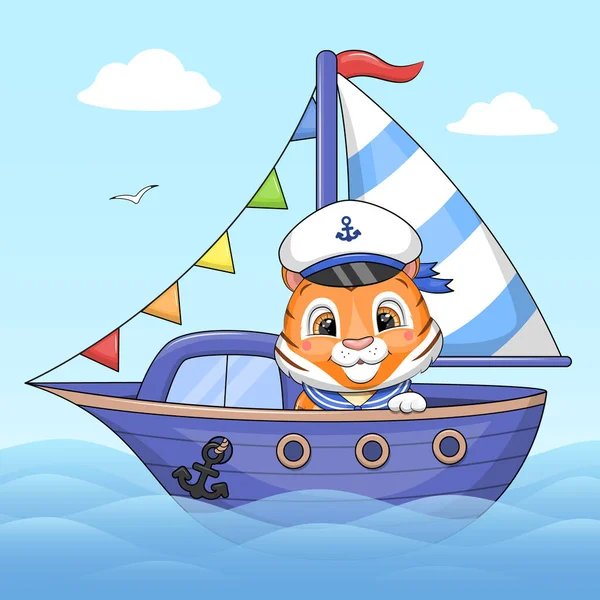 Lindo Capitán Tigre Dibujos Animados Barco Ilustración Vectorial Sobre Fondo — Archivo Imágenes Vectoriales