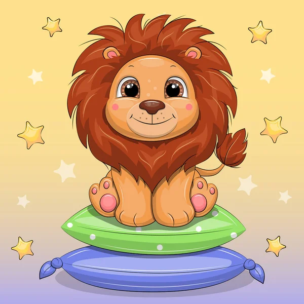Cute Cartoon Lion Sitting Pillows Vector Illustration Animal Yellow Background — Stockvektor