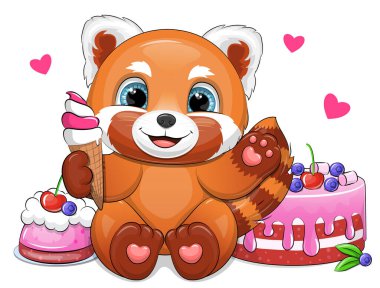 Tatlı çizgi film kırmızı pandanın yanında dondurma ve kek. Beyaz arka planda bir hayvanın vektör çizimi.