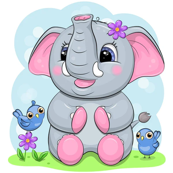 Cute Cartoon Elephant Birds Vector Illustration Blue Background — Wektor stockowy