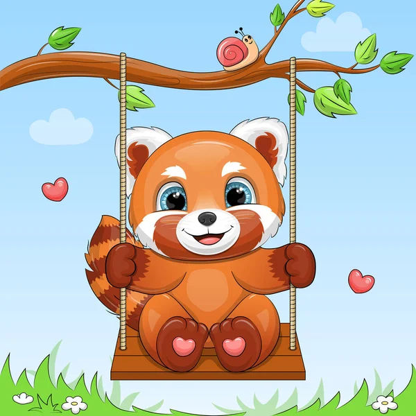 Cute Cartoon Red Panda Swing Vector Illustration Animal Blue Background — Stock Vector