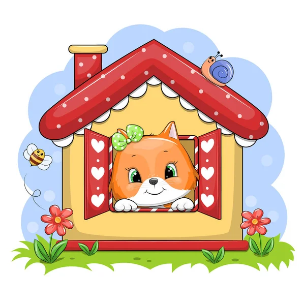 Cute Cartoon Fox Yellow House Red Roof Vector Illustration Blue — Stock vektor