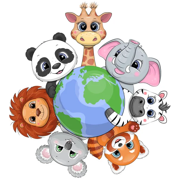 Çizgi film hayvanları ve küre. Beyaz arka planda bir zürafa, fil, zebra, kırmızı panda, koala, aslan ve pandanın vektör çizimi.