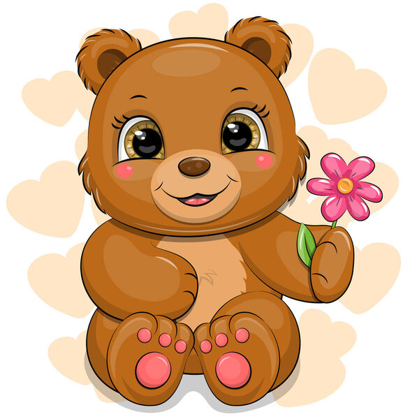 Cute cartoon brown bear with flower. Vector illustration of an animal on a white background with hearts.