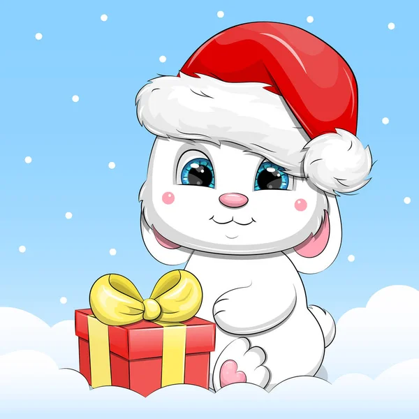 Cute Cartoon White Rabbit Wearing Santa Claus Hat Holding Gift — Vetor de Stock