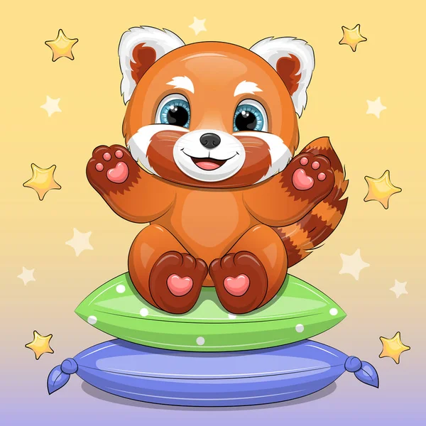 Cute Cartoon Red Panda Sitting Two Pillows Vector Illustration Animal — 스톡 벡터