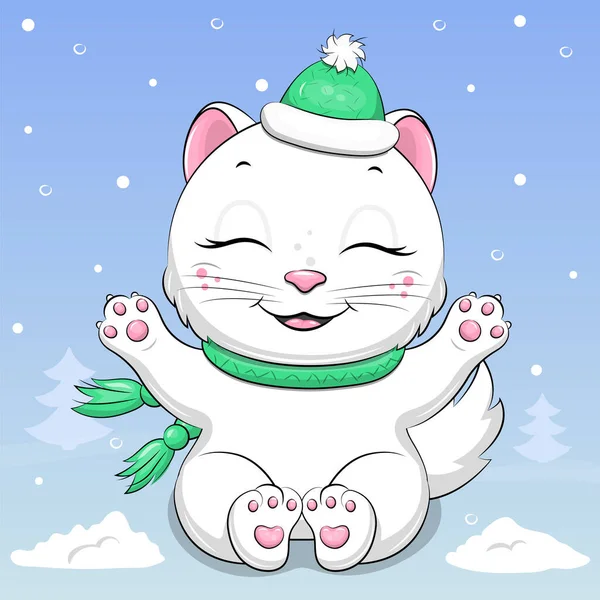 Cute Cartoon White Cat Green Hat Scarf Winter Vector Illustration — Stock vektor