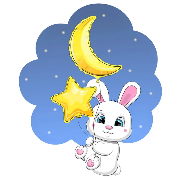 Cute Cartoon White Rabbit Flying Moon Star Balloons Night Vector — Vetor de Stock