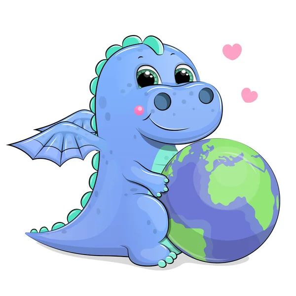 Cute Cartoon Dragon Globe Vector Illustration Animal White Background — 스톡 벡터