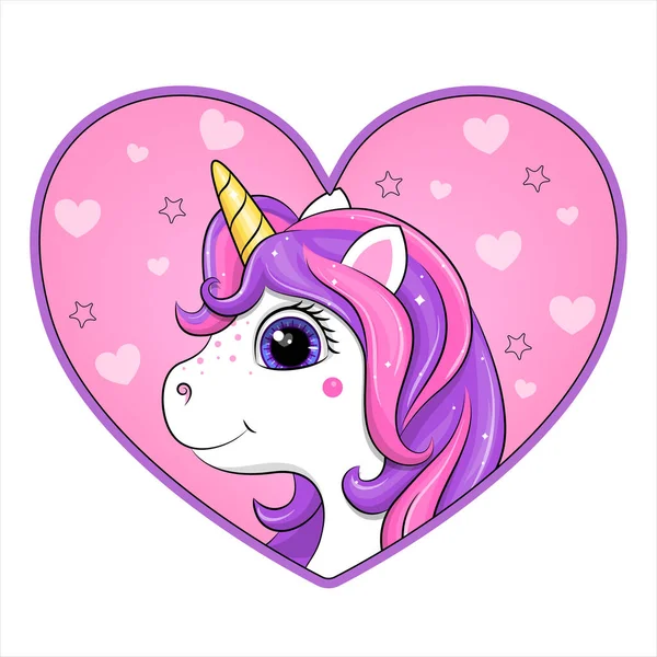 Cute Cartoon Unicorn Head Pink Background Vector Illustration Heart Animal — 스톡 벡터