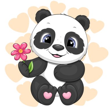 Cute cartoon panda with a flower. Vector illustration of an animal on a white background with hearts.
