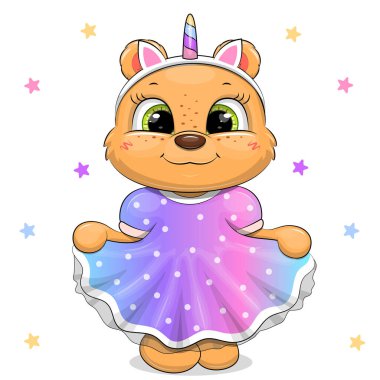 Gökkuşağı elbisesi ve tek boynuzlu at saç bandı takmış şirin bir çizgi film ayısı. Beyaz arka planda yıldızlı bir hayvanın vektör çizimi.