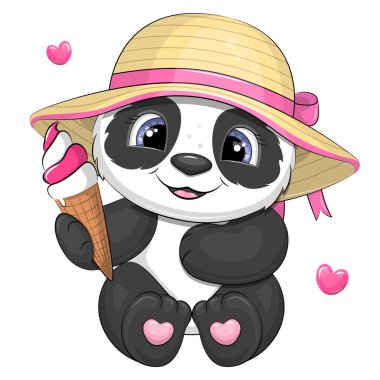 Şapkalı şirin panda elinde dondurma tutuyormuş. Beyaz arka planda bir hayvanın vektör çizimi.