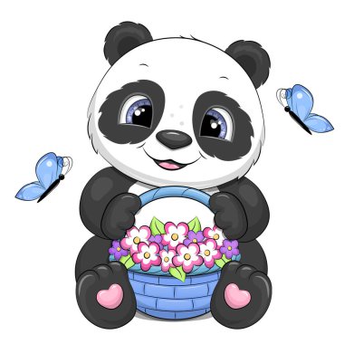 Mavi bir sepet çiçekli ve kelebekli şirin bir panda. Beyaz arka planda bir hayvanın vektör çizimi.
