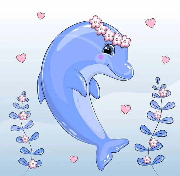 可爱的卡通海豚 有花环 蓝底蓝心水底矢量图解 — 图库矢量图片