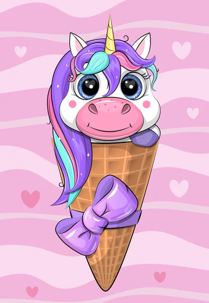可爱的卡通独角兽冰淇淋锥与丁香弓 粉红背景动物的矢量图解 — 图库矢量图片